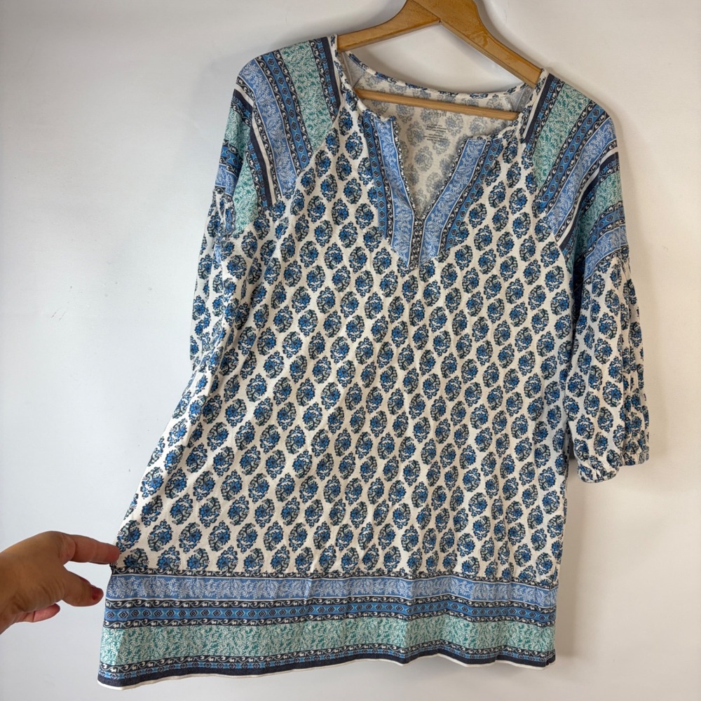 Pure Jill Tunic Top Womens M Blue Border Print Split Neck Cotton Modal 3/4 Slv - Picture 4 of 8